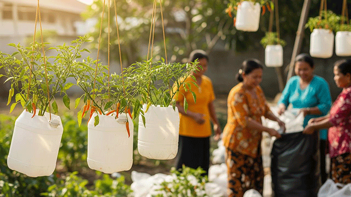 Ide Kebun Cabai Gantung dari Galon Bekas dan Tali Gantung untuk Ibu-ibu Penggerak Bank Sampah/AI