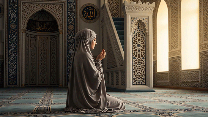 Ilustrasi Perempuan Muslimah Sholat/Gemini AI