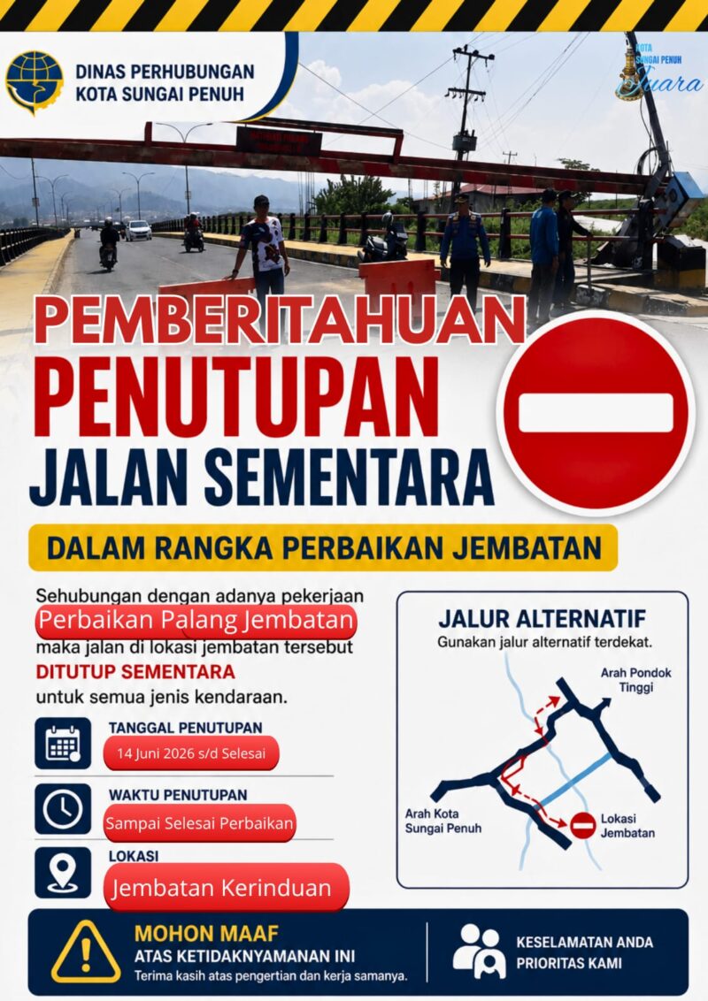 Dinas Perhubungan Kota Sungai Penuh menutup sementara Jembatan Kerinduan mulai 14 Juni 2026( poto : istimewa )