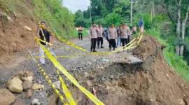 Kapolres Agam AKBP Muari sedang meninjau jalan yang terban di Labuah Sampiak, Jorong Gunggun, Nagari Salareh Aia, Kecamatan Palembayan, Rabu (24/6/2026). ( poto : ANTARA )