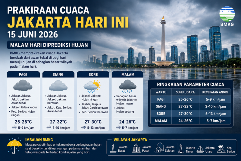 BMKG memprediksi cuaca Jakarta 15 Juni 2026 didominasi awan sejak pagi dan hujan ringan hingga sedang pada malam hari.( poto : chatGPT )