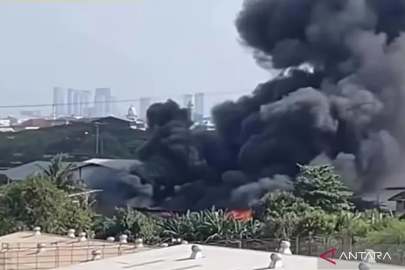 Kebakaran melanda sebuah gudang di kawasan Jalan Pluit Karang Karya Barat, RT 07/RW 16 Pejagalan, Kecamatan Penjaringan, Jakarta Utara, Sabtu (13/6/2026). ( poto : ANTARA/Risky Syukur )