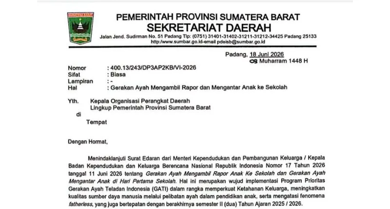 Pemerintah Provinsi Sumatera Barat mulai menjalankan gerakan ayah ambil rapor dan mengantar anak ke sekolah.( padangkita.com )