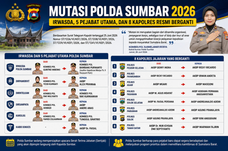 Mutasi Polda Sumbar 2026 merotasi Irwasda, lima pejabat utama, dan delapan Kapolres.( ilustarsi AI)