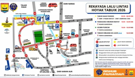 Rekayasa lalu lintas Hoyak Tabuik Piaman 2026 mulai berlaku di Kota Pariaman. Simak jalur alternatif, lokasi parkir, dan imbauan bagi pengunjung.