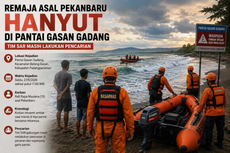 Tim SAR dari Unit Siaga SAR Agam melakukan operasi pencarian terhadap remaja asal Pekanbaru yang dilaporkan hanyut di Pantai Gasan Gadang, Kabupaten Padang Pariaman, Sabtu (27/6/2026). ( ilustrasi : AI)