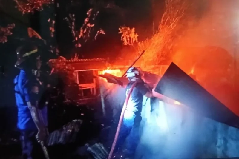 Salah seorang petugas dari Satuan Polisi Pamong Praja dan Pemadam Kebakaran Kabupaten Pasaman Barat saat berusaha memadamkan kebakaran.( poto : ANTARA)