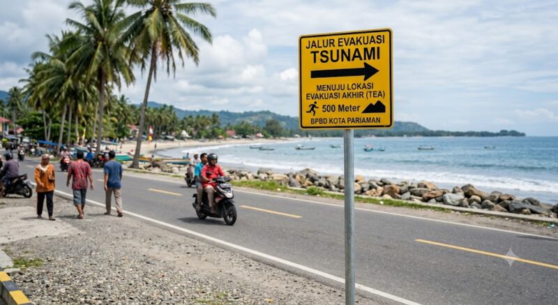 Pemerintah Kota Pariaman memasang 101 ramu evakuasi tsunami Pariaman di sejumlah kawasan pesisir pantai.( ilustrasi poto: AI).
