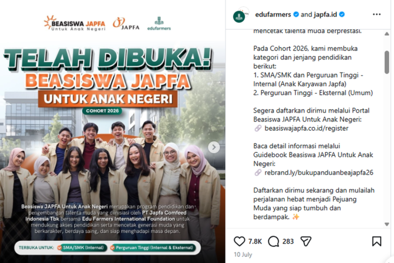 Poster pembukaan pendaftaran beasiswa JAPFA 2026.(poto: kompas.com).