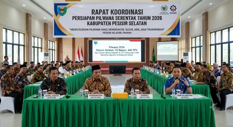 Ilustrasi Pemerintah Kabupaten Pesisir Selatan mengelar rapat koordinasi untuk mematangkan agenda Pilwana 2026 Pesisir Selatan di Painan.(poto: AI).
