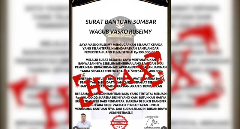 Modus penipuan yang mencatut nama Wagub Sumbar Vasko Ruseimy dengan iming-iming bantuan.(poto: padangkita.com).
