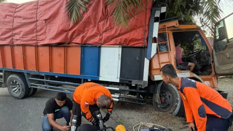Petugas SAR mengevakuasi truk bermuatan karet yang menabrak pohon sawit di Jalan Raya Simpang 4 Aia Gadang, Kecamatan Pasaman, Kabupaten Pasaman Barat, Rabu (8/7/2026). ( poto: padek.jawapos.com)