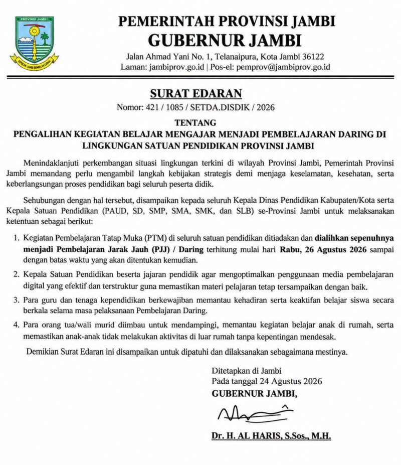 Surat edaran Gubernur Jambi.(poto: jemarionline.com).