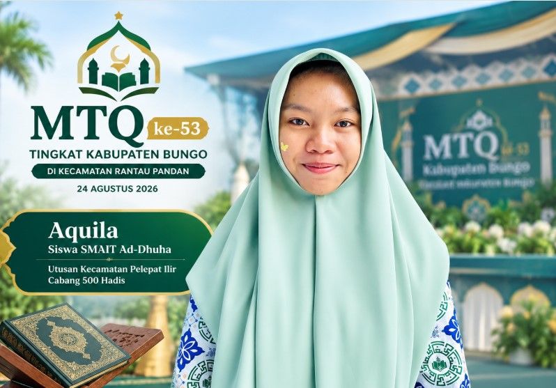 Aquila, siswa SMAIT Ad-Dhuha yang menjadi utusan Kecamatan Pelepat Ilir pada cabang 500 Hadis MTQ ke-53 tingkat Kabupaten Bungo.(poto: jambiprima.com).
