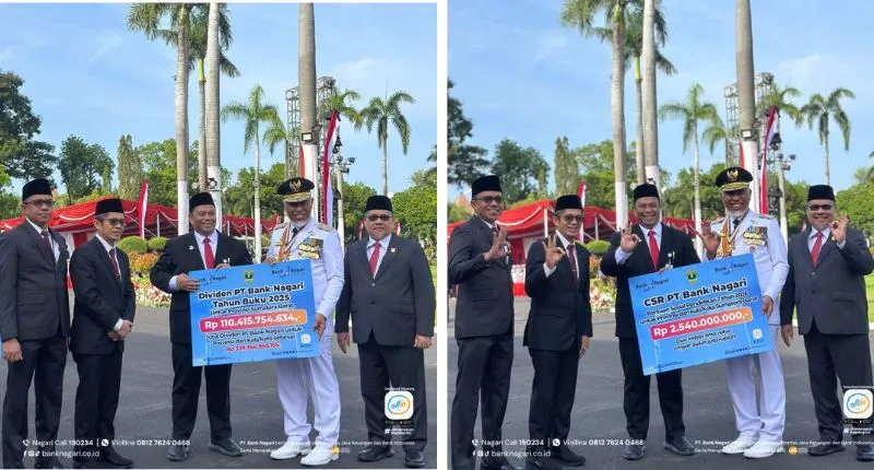 Bank Nagari resmi menyerahkan dividen Bank Nagari Sumbar tahun buku 2025 serta bantuan sosial pendidikan 2026 dengan nilai total Rp341.894.950.155.(poto: padangkita.com).