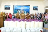 Wali Kota Pariaman, Yota Balad menyalurkan bantuan berupa paket usaha batik dan rajutan kepada 45 perajin lokal, di Balairung Rumah Dinas Wali Kota, Senin (10/8/2026).(poto: padangkita.com).