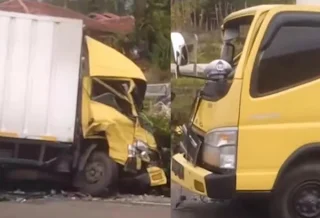 Kecelakaan dua truk panyalaian mengejutkan pengguna jalan yang melintas di kawasan Nagari Aie Angek, Kecamatan X Koto, Kabupaten Tanah Datar, Sumatera Barat.(poto: fajarsumbar.com).