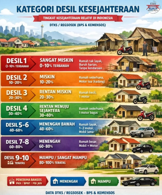 Pemerintah membagi kelompok kesejahteraan masyarakat Indonesia ke dalam sepuluh desil berdasarkan data DTKS dan Regsosek Kemensos serta BPS.(poto: istimewa).
