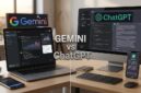 Perbandingan antarmuka Gemini di laptop dan ChatGPT di desktop pada meja kerja modern yang menunjang produktivitas.(poto: AI).