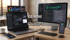 Perbandingan antarmuka Gemini di laptop dan ChatGPT di desktop pada meja kerja modern yang menunjang produktivitas.(poto: AI).
