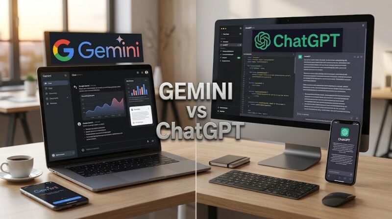 Perbandingan antarmuka Gemini di laptop dan ChatGPT di desktop pada meja kerja modern yang menunjang produktivitas.(poto: AI).