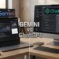 Perbandingan antarmuka Gemini di laptop dan ChatGPT di desktop pada meja kerja modern yang menunjang produktivitas.(poto: AI).