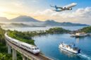 Ilustrasi ragam transportasi darat, laut, dan udara yang siap menyambut musim libur Nataru di lanskap pesisir Indonesia.(poto: AI).