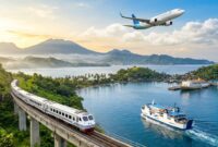 Ilustrasi ragam transportasi darat, laut, dan udara yang siap menyambut musim libur Nataru di lanskap pesisir Indonesia.(poto: AI).