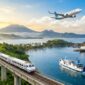 Ilustrasi ragam transportasi darat, laut, dan udara yang siap menyambut musim libur Nataru di lanskap pesisir Indonesia.(poto: AI).