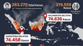 Infografis data kasus ISPA akibat karhutla di Indonesia, dengan kasus terbanyak di Kalimantan Selatan & Sumatera Selatan.(poto: AI).