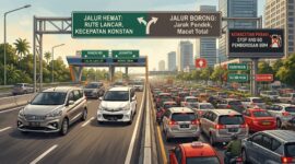 Ilustrasi cara memilih rute perjalanan hemat BBM.(poto: AI).