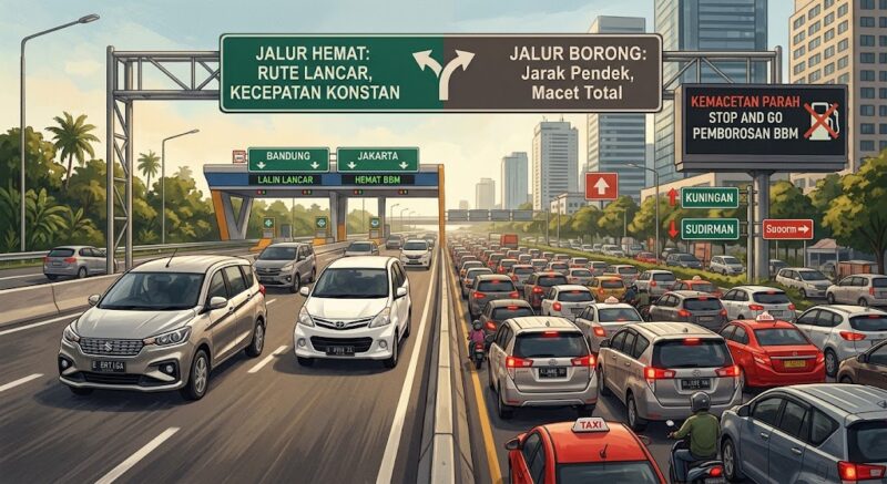 Ilustrasi cara memilih rute perjalanan hemat BBM.(poto: AI).