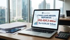 Ilustrasi Layar laptop menampilkan data Utang Luar Negeri Indonesia yang tembus rekor Rp8.220,55 triliun per Agustus 2026.(poto: AI).