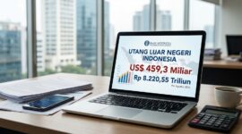 Ilustrasi Layar laptop menampilkan data Utang Luar Negeri Indonesia yang tembus rekor Rp8.220,55 triliun per Agustus 2026.(poto: AI).