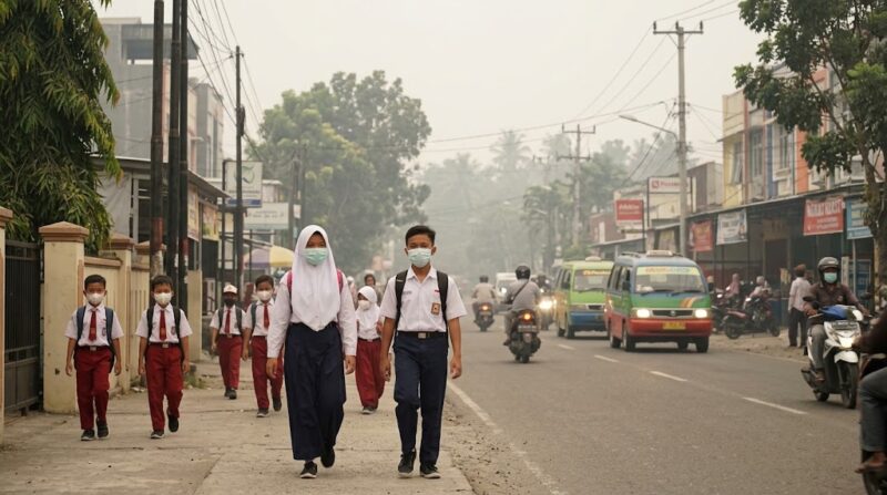 Ilustrasi: Pelajar di Kota Padang mengenakan masker saat pulang sekolah lebih awal akibat kabut asap yang kian memburuk.(poto: AI).