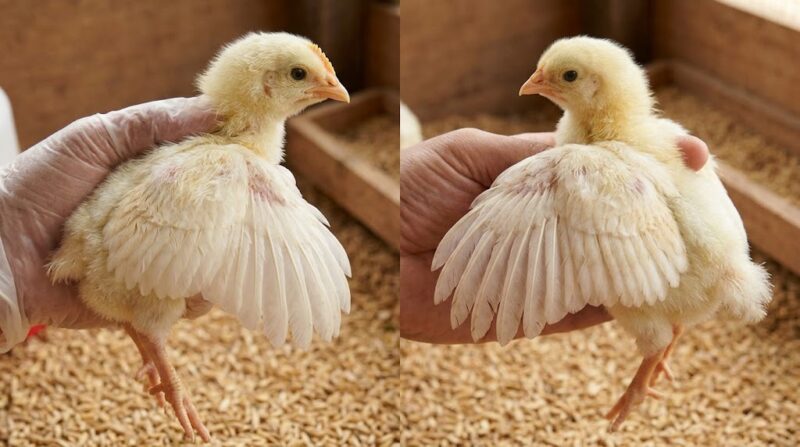 Pemeriksaan bulu sayap anak ayam umur sehari untuk membedakan jantan dan betina secara akurat di peternakan.(poto: AI).