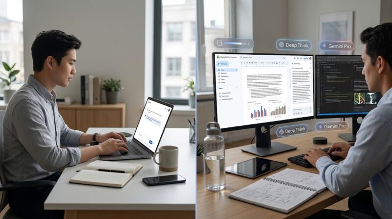 Beda Gemini gratis (kiri) untuk tugas harian & versi berbayar (kanan) dengan fitur pro serta integrasi Workspace.(poto: AI).