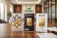 Deretan produk emas batangan Antam, Galeri 24, dan UBS di gerai Pegadaian.(poto: AI).