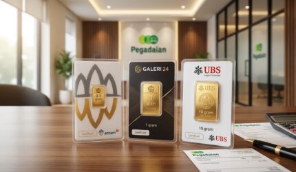 Ilustrasi produk emas batangan Antam, Galeri 24, dan UBS dalam kemasan kartu resmi di meja kantor Pegadaian.