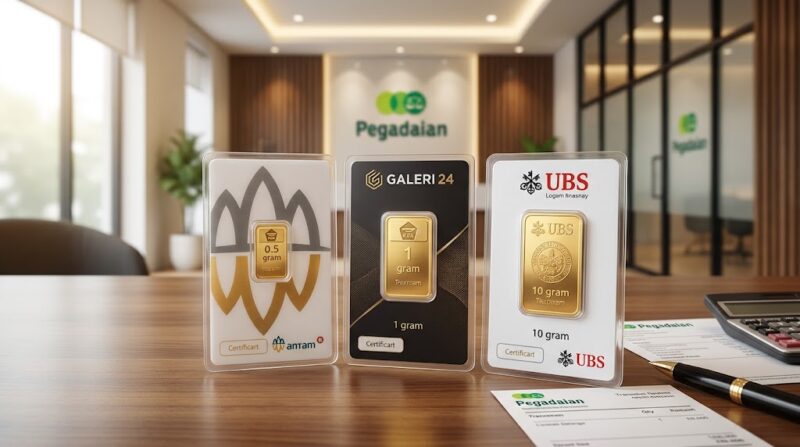 Deretan produk emas batangan Antam, Galeri 24, dan UBS di gerai Pegadaian.(poto: AI).