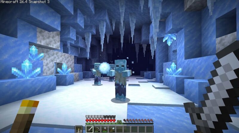 Ilustrasi: Pemain menjelajahi biome baru Ice Caves yang dipenuhi formasi es dan ancaman mob Frostbite di Minecraft Snapshot 26.4.(poto: AI).