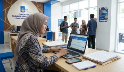 Seorang wanita berhijab dan berbaju batik mengetik di laptop dengan tumpukan dokumen seleksi dosen di atas meja kantor berlatar logo SDMO ITS.