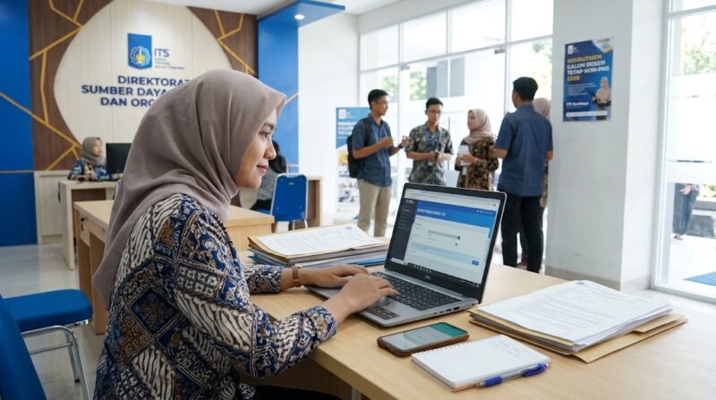 Pelamar menyiapkan berkas di depan laptop saat registrasi daring Dosen Tetap Non-PNS ITS 2026.(ilustrasi poto: AI).