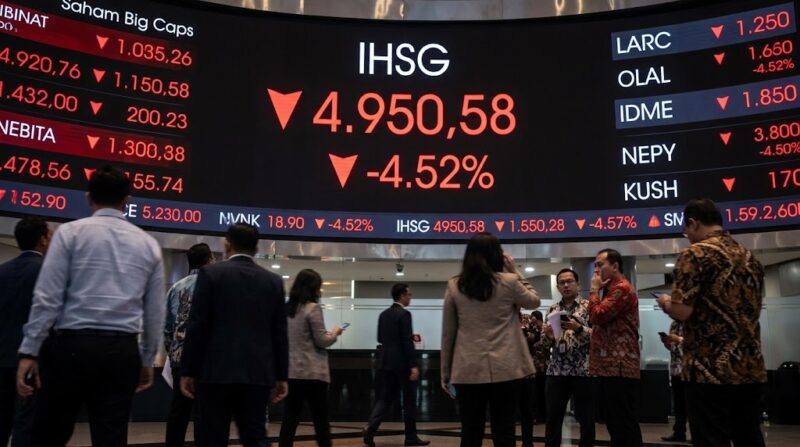 Ilustrasi Suasana tegang di BEI saat IHSG anjlok 4,52% ke level 4.950,58 akibat sentimen negatif pasar, Senin (19/10/2026).(poto: AI).