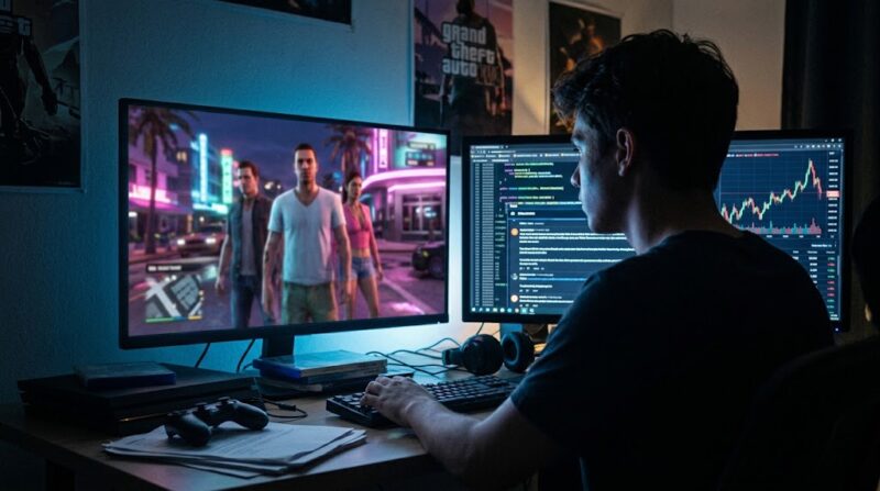 Ilustrasi: Seorang gamer memantau ancaman kebocoran GTA 6 dan pasar kripto Cyberleek yang memicu kekhawatiran di komunitas.(poto: AI).