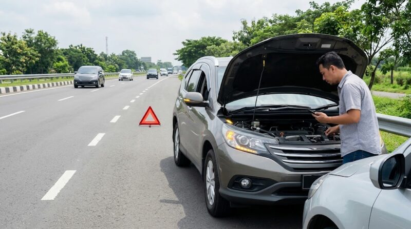 Pengemudi memasang segitiga pengaman dan memeriksa mesin mobil yang mogok di bahu jalan raya demi menjaga keselamatan.(poto: AI).