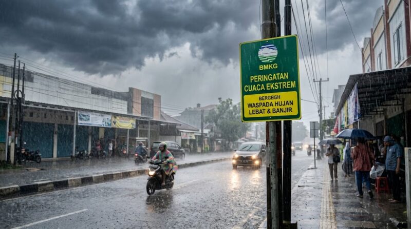 Ilustrasi Suasana jalanan kota saat hujan lebat dan langit mendung gelap, masyarakat diimbau waspadai potensi cuaca ekstrem.(poto: AI).