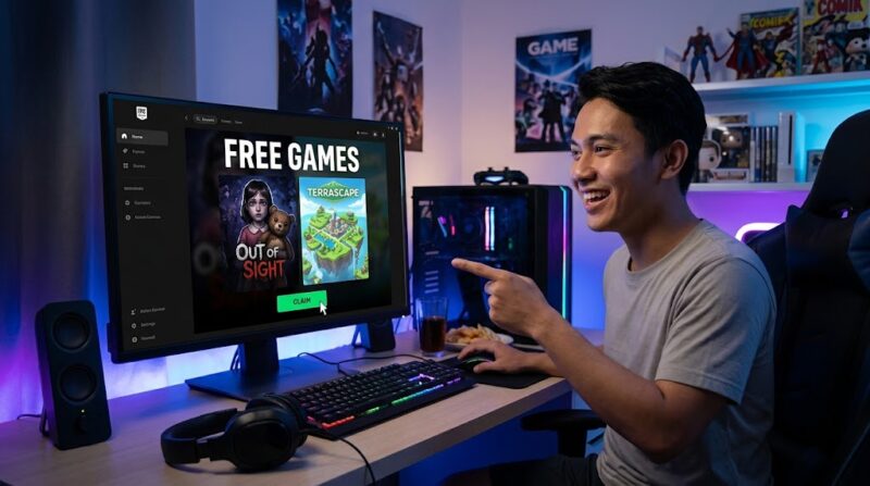 Ilustrasi: Gamer Indonesia antusias klaim game PC gratis Out of Sight dan TerraScape di Epic Games Store, Oktober 2026.(poto: AI).