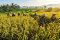Ulustrasi Sejumlah petani bergotong-royong memanen padi yang telah menguning dan matang di area persawahan yang subur.