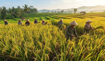 Petani memanen padi yang sudah besar dan menguning di sawah luas.